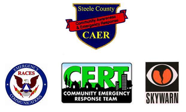 Logos for Steele County Volunteer Agencies CAER, CERT, SKYWARN & Emergency Races Communications